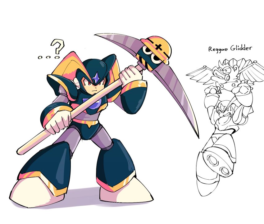 ...? 1boy ? armor bass_(mega_man) bass_day black_armor black_footwear black_helmet boots chest_jewel forehead_jewel fortnite helmet highres holding mega_man_(classic) mega_man_(series) met_(mega_man) midair multiple_views pickaxe pun red_eyes reggae_(mega_man) shoulder_armor simple_background standing surrealmason white_background