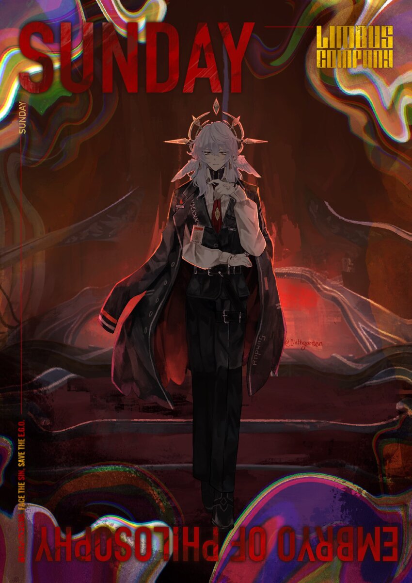1girl belt black_coat black_pants black_vest cinthgarden coat coat_on_shoulders collared_shirt ear_wings english_text halo highres honkai:_star_rail honkai_(series) id_card limbus_company long_hair nai_ga_(style) necktie pants project_moon red_necktie shirt solo sunday_(honkai:_star_rail) vest white_hair white_shirt