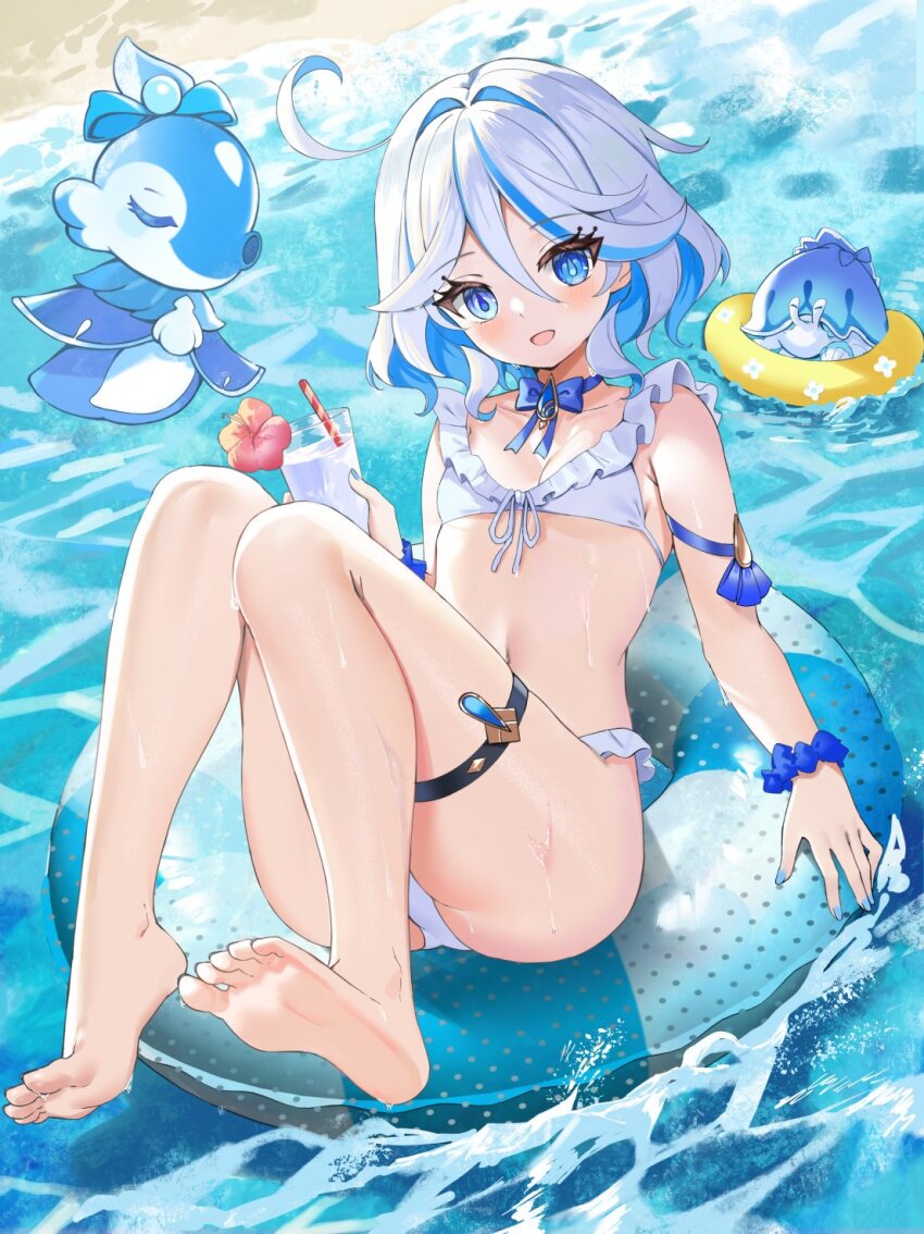 1girl ahoge barefoot bikini blue_bow blue_bowtie blue_eyes blue_gemstone blue_hair blue_innertube blue_nails blue_pupils blue_scrunchie blush bow bowtie breasts collarbone commentary cup day drinking_glass drinking_straw drop-shaped_pupils fingernails frilled_bikini frills furina_(genshin_impact) gem genshin_impact hair_between_eyes hashtag-only_commentary heterochromia highres holding holding_cup looking_at_viewer mademoiselle_crabaletta medium_hair nail_polish navel on_innertube open_mouth outdoors scrunchie small_breasts solo stomach surintendante_chevalmarin swimsuit symbol-shaped_pupils teardrop-shaped_gem tsukise_miwa water white_bikini white_hair wrist_scrunchie