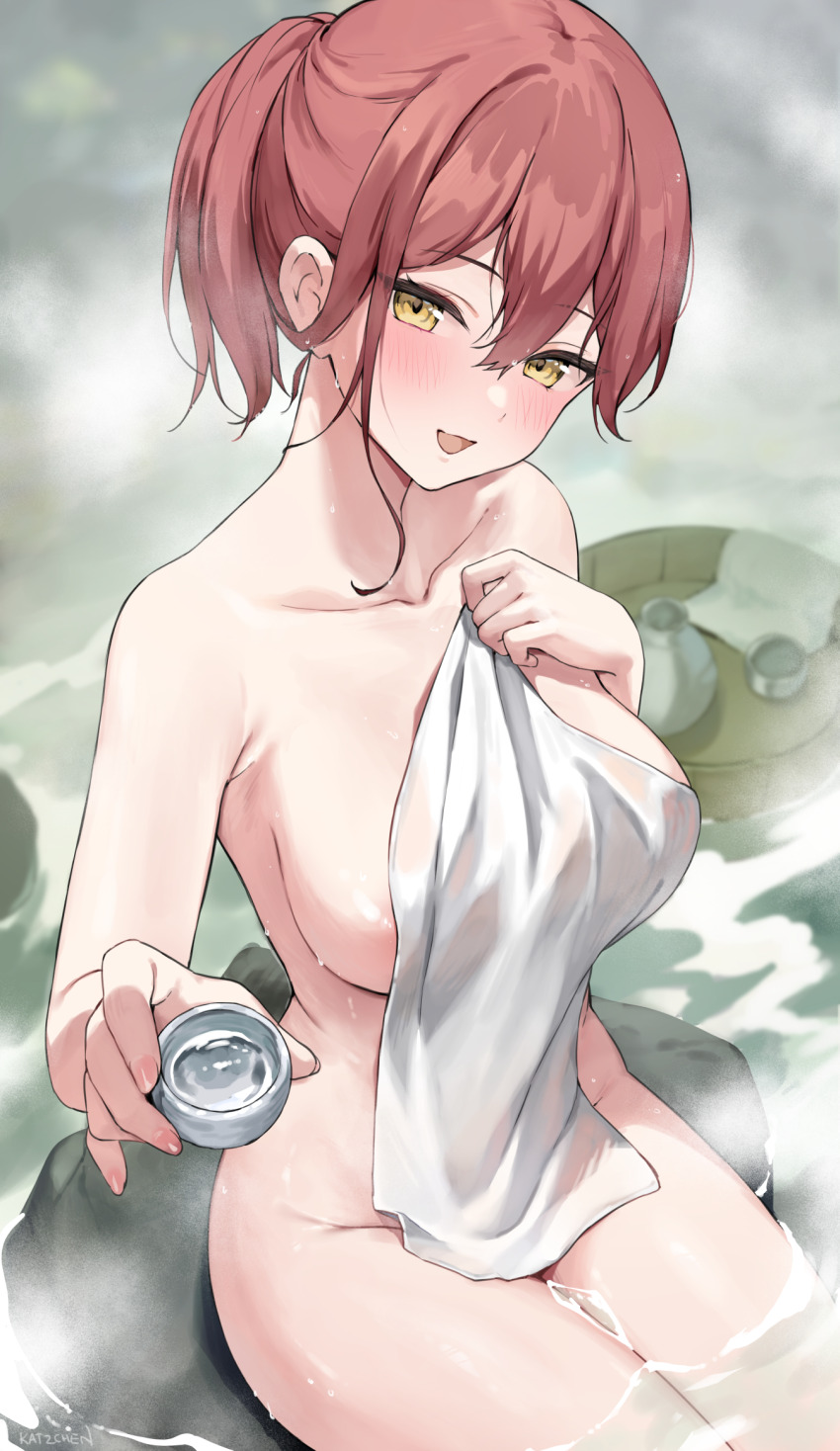 1girl alcohol areola_slip bare_shoulders bathing blush breasts collarbone highres kaetzchen large_breasts liliya_(kaetzchen) looking_at_viewer medium_hair naked_towel onsen open_mouth original red_hair sake smile solo thighs towel water yellow_eyes