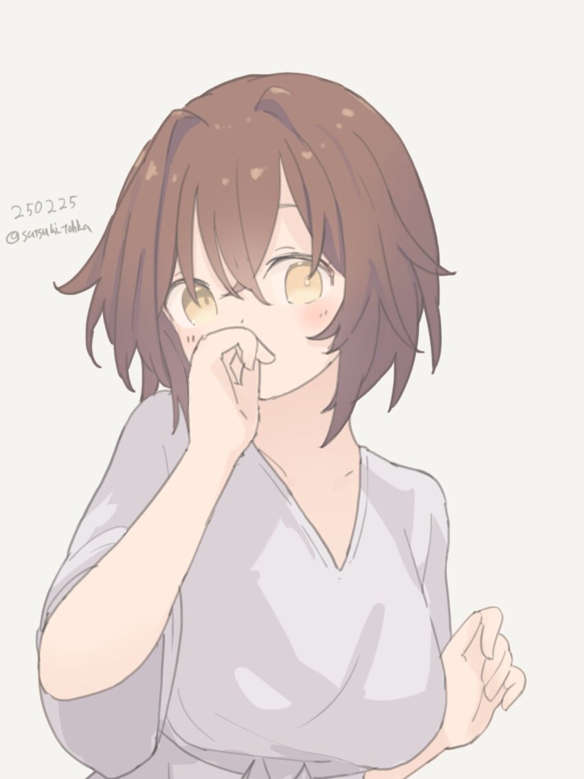 1girl brown_hair dated dress furutaka_(kancolle) furutaka_(summer)_(kancolle) glowing glowing_eye grey_background grey_dress hair_intakes heterochromia highres kantai_collection looking_at_viewer official_alternate_costume one-hour_drawing_challenge satsuki_tooka short_hair simple_background solo twitter_username upper_body yellow_eyes