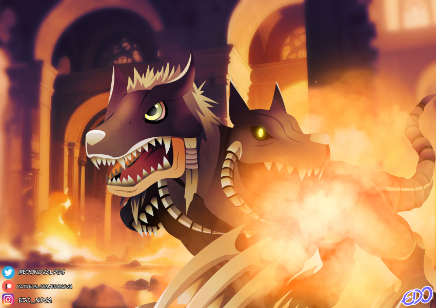 absurdres cerberumon digimon digimon_(creature) fire highres open_mouth sharp_teeth solo tail teeth tongue