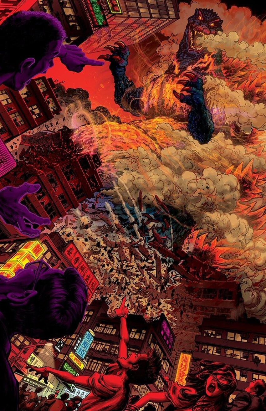 alternate_form apocalypse aura burning_godzilla city claws crowd destruction dinosaur epic giant giant_monster glasses glowing glowing_eyes godzilla godzilla_(series) godzilla_vs._destoroyah highres jeff_zornow kaiju monster neon_lights panicking pointing rotated smoke spikes steam steaming_body toho