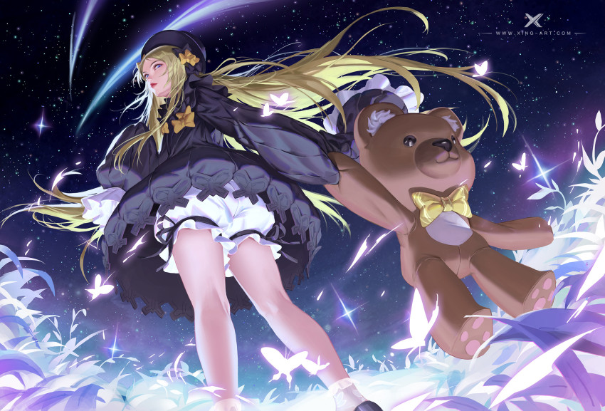 1girl abigail_williams_(fate) artstation_logo black_bow black_dress blonde_hair bloomers blue_eyes bow bug chinese_commentary dress fate/grand_order fate_(series) forehead from_above hair_bow highres long_hair long_sleeves looking_at_viewer multiple_hair_bows night night_sky orange_bow parted_bangs polka_dot polka_dot_bow purple_bow shooting_star sky sleeves_past_fingers sleeves_past_wrists solo star_(sky) starlab starry_sky stuffed_animal stuffed_toy teddy_bear underwear very_long_hair white_bloomers