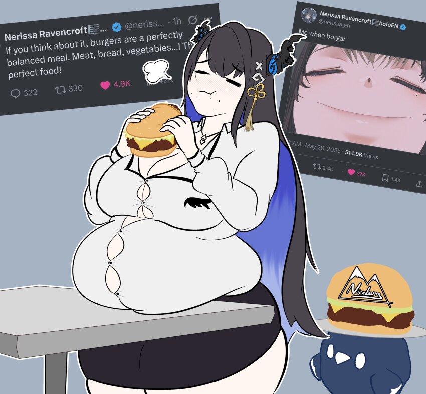 1girl absurdres artist_name asymmetrical_horns black_hair blue_hair breasts burger closed_eyes colored_inner_hair commentary demon_girl demon_horns english_commentary fat fat_woman food full_stomach gradient_hair hair_ornament highres holding holding_food hololive hololive_english horns jailbird_(nerissa_ravencroft) large_breasts long_hair mr.niceberg multicolored_hair nerissa_ravencroft nerissa_ravencroft_(casual) office_lady official_alternate_costume plump shirt simple_background table twitter_screenshot virtual_youtuber