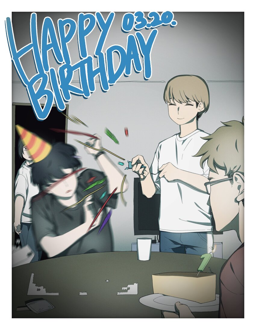 4boys ^_^ absurdres birthday_cake birthday_party brown_hair cake candle closed_eyes confetti dated food futsuu_no_keion-bu glasses happy_birthday hashtag-only_commentary hat highres holding holding_party_popper indoors jigsaw_puzzle male_focus mizuo_haruichi motion_blur multiple_boys number_candle opening_door party_hat party_popper pointy_hat puzzle shirt short_hair short_sleeves smile standing t-shirt table taguchi_ryuuya takami_kouki television tohno_gen tsumitobat79121 white_shirt