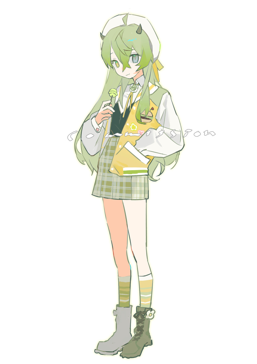 1girl ahoge black_boots black_horns black_vest boots candy chinese_commentary chuanhua closed_mouth collared_shirt commentary_request commission english_text food full_body green_hair green_skirt grey_eyes hair_between_eyes hand_in_pocket hat hat_ribbon heterochromia highres holding holding_candy holding_food holding_lollipop horns jacket kneehighs lace-up_boots letterman_jacket lollipop long_sleeves open_clothes open_jacket original plaid_clothes plaid_skirt pleated_skirt ribbon shirt simple_background skirt smile socks solo striped_clothes striped_socks tachi-e vest watermark white_background white_hat white_shirt white_sleeves yellow_eyes yellow_jacket yellow_ribbon yellow_socks