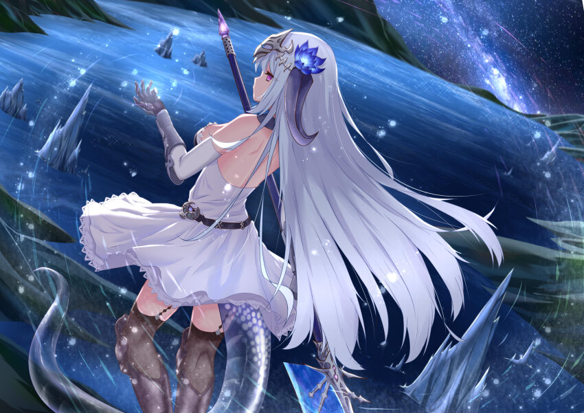 1girl absurdres black_thighhighs blue_flower breasts buzhi_shuixian dragon_girl dragon_horns dragon_tail dress elbow_gloves filene_(shadowverse) flower from_behind gauntlets gloves grey_hair hair_flower hair_ornament headpiece highres horns long_hair medium_breasts night night_sky outdoors pink_eyes polearm scenery shadowverse skirt sky solo star_(sky) starry_sky strapless strapless_dress tail thighhighs very_long_hair weapon white_dress white_gloves