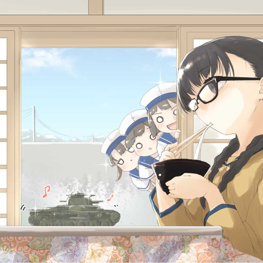 4girls adapted_costume black_eyes black_hair blue_sailor_collar commentary_request daitou_(kancolle) dress eating fyuo hat hiburi_(kancolle) highres kantai_collection kotatsu landing_ship_no._101_(kancolle) long_hair military_vehicle motor_vehicle multiple_girls o_o ponytail sailor_collar sailor_dress sailor_hat short_ponytail short_sleeves shounan_(kancolle) table tank twintails white_dress white_hat