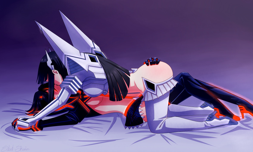 2girls absurdres ass boots breast_press girl_on_top grabbing_another&#039;s_ass groping high_heel_boots high_heels highres holding_hands incest interlocked_fingers junketsu kill_la_kill kiryuuin_satsuki kiss long_hair matoi_ryuuko multiple_girls on_floor revealing_clothes senketsu siblings silent-shanin sisters yuri