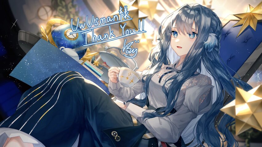 1girl absurdres animal_ears arknights astesia_(arknights) batory_ken bird_ears blue_dress blue_eyes blue_hair bright_pupils cake cake_stand celestial_globe chair commission constellation cup diamond-shaped_pupils diamond_(shape) dress food hair_intakes highres holding holding_cup long_hair long_sleeves looking_at_viewer open_mouth rhine_lab_logo second-party_source sitting solo symbol-shaped_pupils teacup teapot thank_you white_pupils
