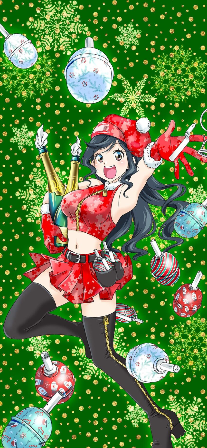 1girl absurdres alcohol anonymous_(japanese) arm_up armpits belt belted_skirt black_belt black_boots black_thighhighs blue_hair boots breasts brown_eyes camouflage camouflage_hat champagne christmas collared_halterneck digital_camouflage fur-trimmed_collar fur-trimmed_gloves fur_trim gloves happy hat highres japanon kraken_(japanon) kraken_regiment light_blush long_hair looking_at_viewer medium_breasts midriff navel non-web_source original pleated_skirt red_gloves red_hat red_skirt russo-ukrainian_war santa_hat shiny_skin side_zipper skirt snowflakes solo squid_print standing standing_on_one_leg teeth thick_thighs thighhighs thighs tongue upper_teeth_only zettai_ryouiki