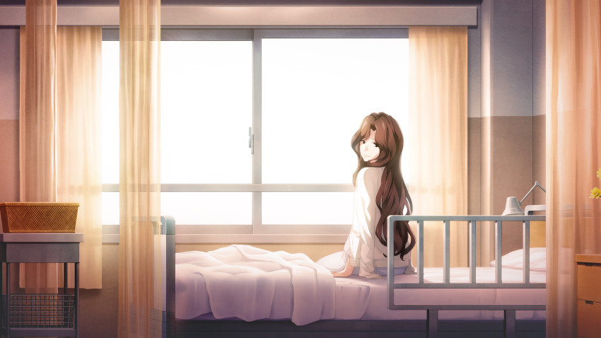 1girl bed blue_pants brown_eyes brown_hair casual curtains fukuda_tomonori game_cg highres hospital hospital_bed indoors long_hair long_sleeves looking_at_viewer looking_back non-web_source official_art on_bed pants robotics;notes robotics;notes_dash senomiya_akiho senomiya_misaki shirt sitting solo sunset very_long_hair white_shirt window worried