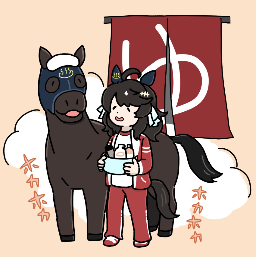 1girl ahoge animal_ears closed_eyes creature_and_personification daring_tact_(racehorse) daring_tact_(umamusume) gym_shirt hair_ornament highres holding hood horse horse_ears horse_girl horse_tail jacket medium_hair onsen_symbol open_clothes open_jacket pants personification real_life red_jacket red_pants red_shoes shampoo shampoo_bottle shirt shoes steam tail takadano_paka towel towel_on_head track_jacket track_pants umamusume white_shirt