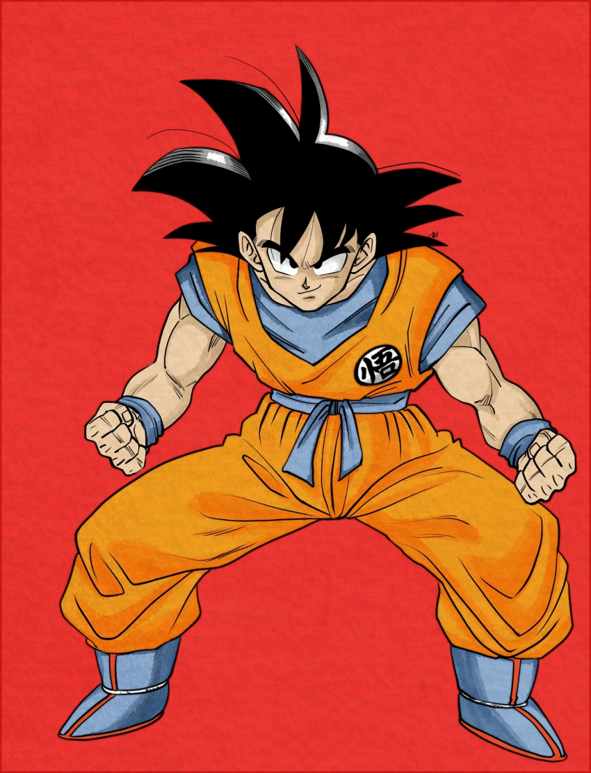 1boy black_eyes black_hair blue_boots blue_shirt boots clenched_hands closed_mouth dragon_ball dragonball_z fighting_stance full_body highres looking_at_viewer male_focus muscular muscular_male okita_(sukult_4) orange_dougi red_background shirt solo son_goku spiked_hair standing straight-on toriyama_akira_(style) wristband