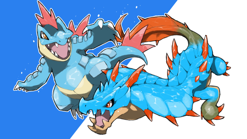 animal_focus blacknirrow blue_background claws creatures_(company) crossover feraligatr game_freak gen_2_pokemon highres lagiacrus monster monster_hunter_(series) nintendo no_humans open_mouth orange_eyes outline pokemon pokemon_(creature) red_eyes sharp_teeth simple_background spines swimming teeth two-tone_background white_background white_outline