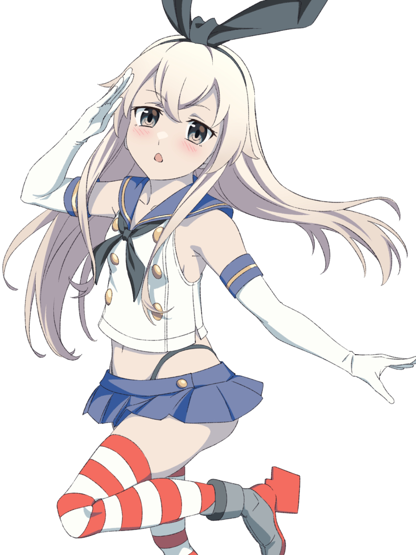 1girl baasaku_(balasaku24) black_hairband black_neckerchief black_panties blonde_hair blue_sailor_collar blue_skirt boots crop_top elbow_gloves gloves grey_boots grey_eyes hairband highleg highleg_panties highres kantai_collection long_hair microskirt miniskirt neckerchief panties pleated_skirt rudder_footwear sailor_collar shimakaze_(kancolle) shirt simple_background skirt sleeveless sleeveless_shirt solo standing standing_on_one_leg striped_clothes striped_thighhighs thighhighs underwear white_background white_gloves