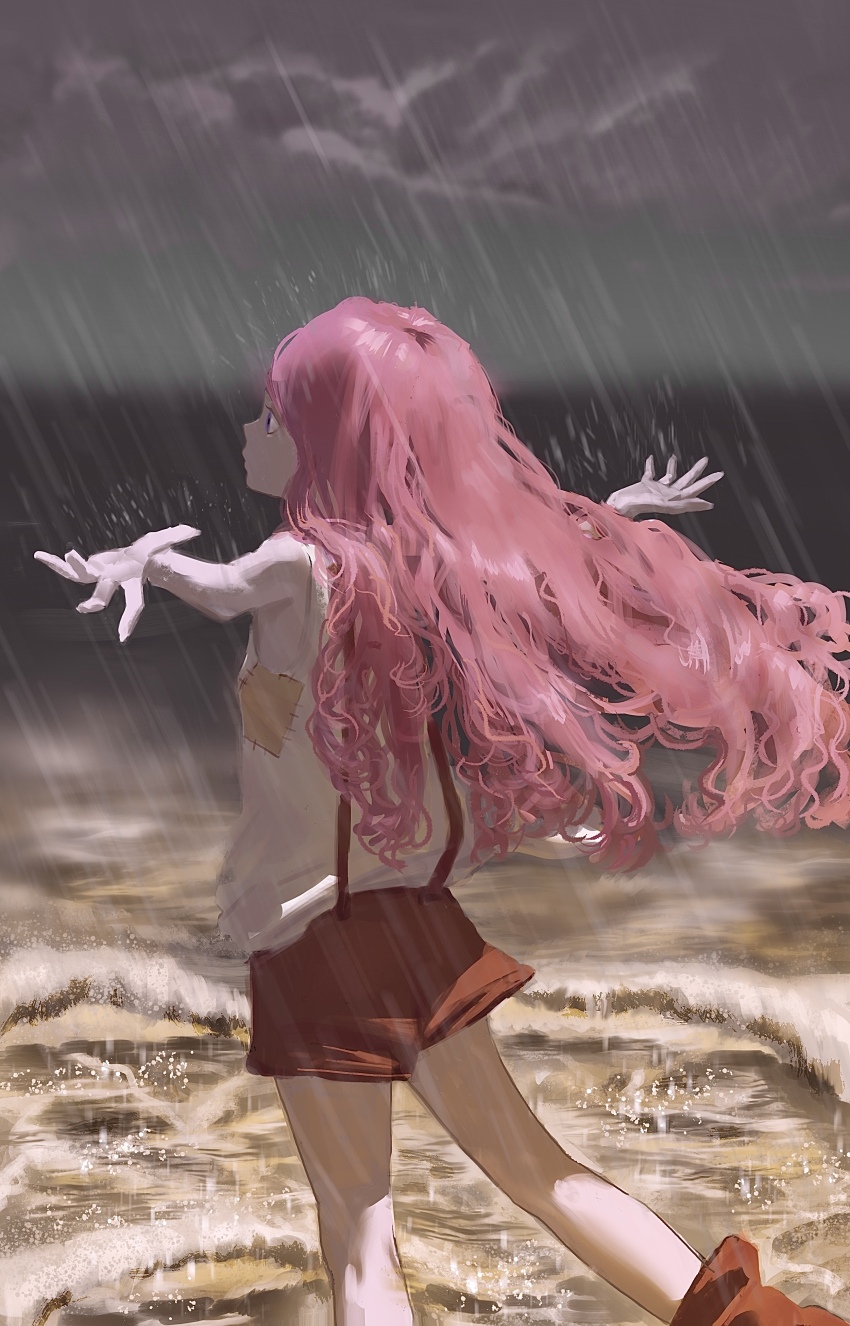 1girl absurdres brown_shorts commentary_request highres jewelry_bonney long_hair ocean one_piece outdoors outstretched_arms overcast pink_hair rain shirt shorts sky sleeveless sleeveless_shirt solo suspenders vitagazer water white_shirt