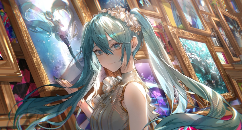 1girl annotation_request asano_(kazusasn) blue_eyes blue_hair blue_nails closed_mouth commentary dramaturgy_(eve) floating_hair from_side greenlights_serenade_(vocaloid) grey_shirt hair_between_eyes hair_ornament hajimete_no_koi_ga_owaru_toki_(vocaloid) hatsune_miku hatsune_miku_no_shoushitsu_(vocaloid) highres indoors karakuri_pierrot_(vocaloid) koi_wa_sensou_(vocaloid) long_hair looking_at_viewer matryoshka_(vocaloid) melt_(vocaloid) mousou_zei_(vocaloid) nail_polish otome_kaibou_(vocaloid) painting_(object) picture_frame shirt sleeveless sleeveless_shirt smile solo song_request songover twintails upper_body ura-omote_lovers_(vocaloid) very_long_hair vocaloid world_is_mine_(vocaloid)