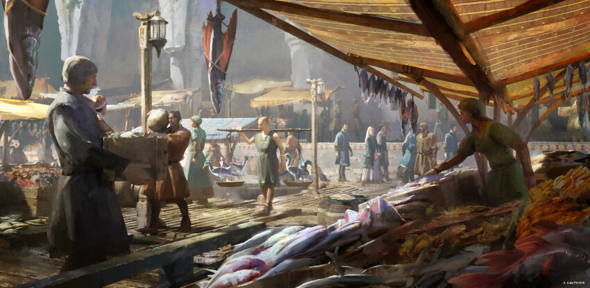 6+boys 6+girls absurdres bird boat box carrying_over_shoulder crowd dock fish highres holding holding_box lamppost market_stall multiple_boys multiple_girls numenor official_art renart rings_of_power scenery skullcap tolkien&#039;s_legendarium tunic watercraft watermark wooden_box