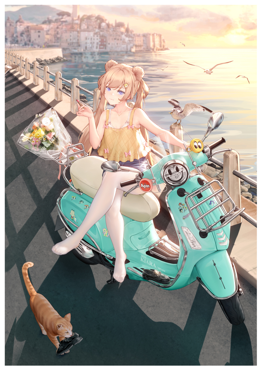 1girl absurdres artist_name bare_arms bigxixi bird bra bra_peek brown_hair cat character_name cosmetics crossed_legs double_bun full_body hair_bun highres holding holding_lipstick_tube lion_hair_ornament lipstick_tube long_hair motor_vehicle no_shoes ocean original outdoors pantyhose purple_eyes railing scooter seagull shirt shoes unworn_shoes sitting solo swept_bangs twintails underwear very_long_hair white_pantyhose yellow_shirt