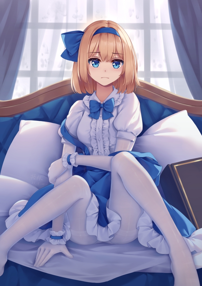 1girl alice_margatroid alice_margatroid_(pc-98) blonde_hair blue_bow blue_eyes blue_hairband blue_ribbon blue_skirt bow center_frills frilled_shirt_collar frills hairband highres indoors looking_at_viewer mechrailgun medium_hair panties panties_under_pantyhose pantyhose puffy_short_sleeves puffy_sleeves ribbon shirt short_sleeves sitting skirt solo sunlight touhou touhou_(pc-98) underwear white_pantyhose white_shirt window
