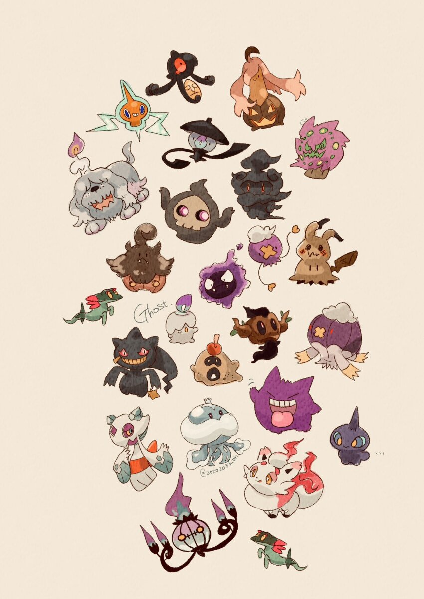 animal_focus artist_name banette chandelure closed_mouth commentary dog dreepy drifblim drifloon duskull fangs fire froslass gastly gen_1_pokemon gen_3_pokemon gen_4_pokemon gen_5_pokemon gen_6_pokemon gen_7_pokemon gen_8_pokemon gengar gourgeist greavard grin highres hisuian_zorua jellicent jellicent_(male) lampent legendary_pokemon litwick marshadow mimikyu mythical_pokemon nintendo no_humans phantump pokemon pokemon_(creature) pumpkaboo purple_fire red_eyes rotom sandygast shuppet simple_background skin_fangs smile solid_oval_eyes spiritomb tail teeth tongue tongue_out trait_connection twitter_username white_background yamask yellow_eyes zozozoshion