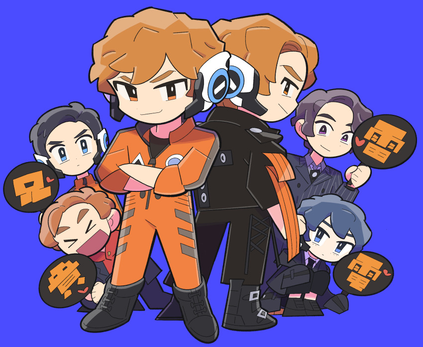 3boys :d bitz777 black_coat black_hair black_necktie black_pants black_suit blazer blue_background blue_eyes blue_hair boots clenched_hand closed_eyes closed_mouth coat collared_shirt crossed_arms formal_clothes from_behind grey_shirt hand_fan headgear heart hiden_aruto highres holding holding_fan hood hoodie ikazuchi_(kamen_rider_01) jacket jin_(kamen_rider_01) jumpsuit kamen_rider kamen_rider_01_(series) leather leather_jacket long_sleeves multiple_boys naki_(kamen_rider_01) necktie open_mouth orange_eyes orange_hair orange_jumpsuit pants purple_eyes red_hoodie shirt short_hair smile smirk squatting suit tassel white_shirt