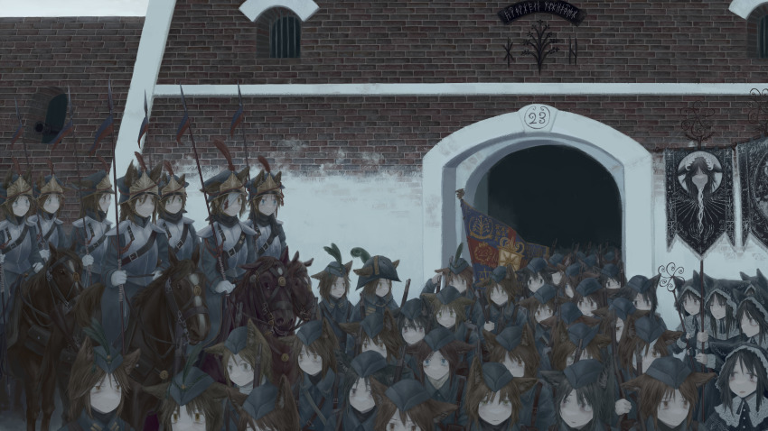6+girls absurdres animal_ear_hood animal_ears banner blue_eyes blue_hat blue_hood brick_wall brown_eyes brown_hair brown_horse building cavalry cuirass diu9you fake_animal_ears flag garrison_cap gun hat highres holding holding_banner holding_flag holding_polearm holding_weapon hood hood_up horseback_riding long_sleeves military_uniform multiple_girls original polearm reins riding rifle saddle short_hair spear weapon weapon_on_back