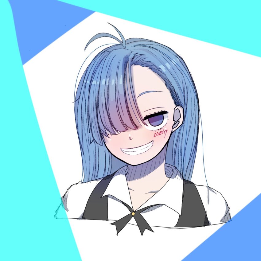 1girl ado_(utaite) ahoge black_ribbon black_vest blue_hair character_name collarbone collared_shirt commentary_request cropped_torso facial_mark hair_over_one_eye hair_ribbon highres long_hair merry_(ado) readymade_(ado) ribbon shirt solo tanake_(tanakei_ado) upper_body vest white_shirt