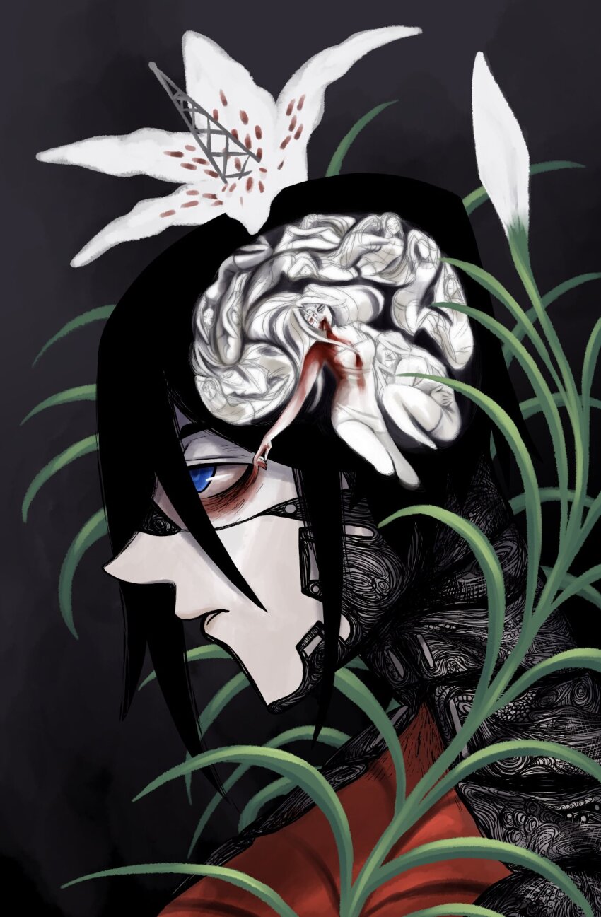 6+girls android ariane_yeong bags_under_eyes bandages black_background black_hair blood blood_from_mouth blood_on_chest blood_on_face blood_on_hands blood_on_snow bloody_bandages bloody_footprints blue_eyes bob_cut brain commentary cyberpunk elster_(signalis) english_commentary eyepatch flower footprints gradient_background highres lily_(flower) medical_eyepatch multiple_girls portrait profile radio_antenna radio_tower saltysalmonella science_fiction short_hair signalis simple_background snow surrounded surrounded_by_flowers symbolism white_lily x-ray yuri