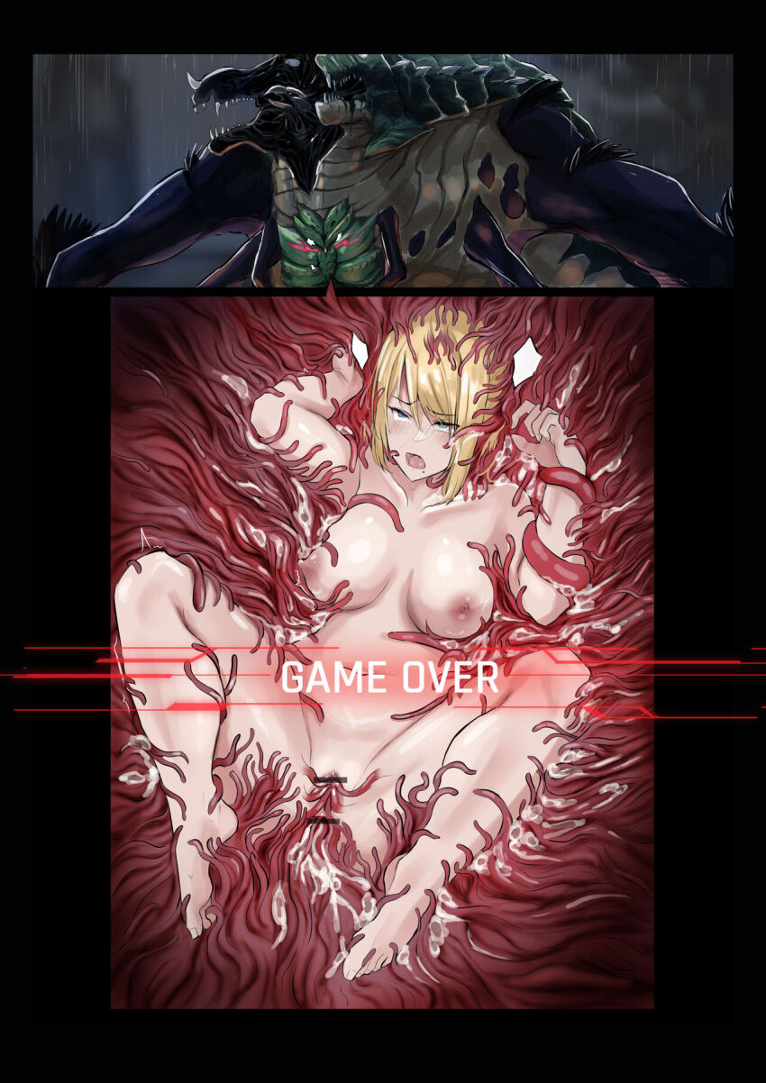 blonde_pubic_hair blue_eyes breasts game_over highres kraid living_clothes metroid metroid_dread metroid_suit nintendo nipples nude ponytail power_suit_(metroid) pussy raven_beak_(metroid) samus_aran tentacle_pit tentacle_sex tentacles vaginal yilan_un