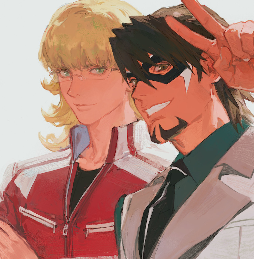 2boys absurdres barnaby_brooks_jr. black_mask black_necktie blonde_hair closed_mouth creamyghost eye_mask green_eyes green_shirt grin highres jacket kaburagi_t._kotetsu looking_at_viewer male_focus multiple_boys necktie red_jacket shirt simple_background smile tiger_&amp;_bunny v vest white_background white_vest