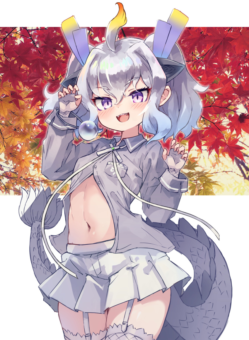1girl animal_ears blush claw_pose collared_shirt cowboy_shot dragon_ears dragon_girl dragon_horns dragon_tail extra_ears fingerless_gloves garter_straps gloves grey_gloves grey_hair grey_shirt highres horns kemono_friends kolshica long_sleeves midriff navel open_clothes open_mouth open_shirt pleated_skirt purple_eyes scales shirt short_hair short_twintails skirt smile solo tail thighhighs twintails white_dragon_(kemono_friends) white_hair white_skirt white_thighhighs zettai_ryouiki