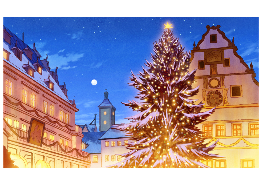 building christmas_tree full_moon hariken moon night night_sky no_humans original outdoors scenery sky snow star_(sky) starry_sky town tree