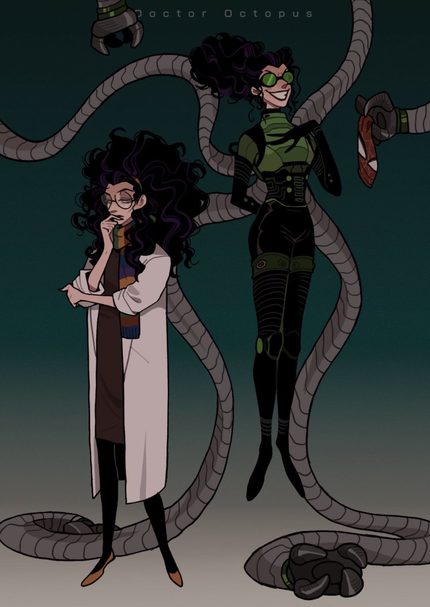 1girl bodysuit character_name curly_hair doctor_octopus english_text full_body goggles green_eyes grin highres juanmao lab_coat marvel mechanical_tentacles multiple_views olivia_octavius scarf shoes smile spider-man:_into_the_spider-verse spider-man_(series) spider-verse tentacles yellow_shoes