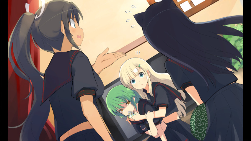 4girls absurdres animal_ears black_hair black_sailor_collar black_shirt black_skirt blonde_hair blunt_bangs breasts cat_ears dark-skinned_female dark_skin eating food game_cg grabbing_another&#039;s_arm green_eyes green_hair hair_ornament hair_tie hairclip hebijo_academy_school_uniform highres hikage_(senran_kagura) holding holding_food homura_(senran_kagura) indoors large_breasts light_blush long_hair looking_at_another midriff mirai_(senran_kagura) multiple_girls non-web_source official_art open_mouth pillarboxed ponytail sailor_collar school_uniform senran_kagura senran_kagura_burst shirt short_hair skirt slit_pupils smile tan torn_clothes yaegashi_nan yellow_eyes yomi_(senran_kagura)