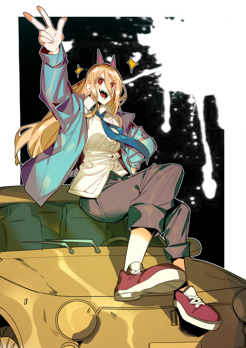 1girl absurdres blonde_hair blue_necktie car chainsaw_man collared_shirt hair_between_eyes hashtag-only_commentary highres horns long_hair motor_vehicle necktie on_car open_mouth power_(chainsaw_man) sharp_teeth shirt sitting smile solo sparkle splatter teeth white_shirt xi_luo_an_ya