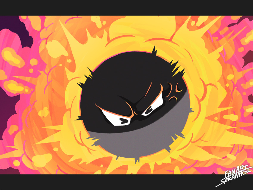 &gt;_&lt; 1other absurdres anger_vein artist_name black_border border commentary_request explosion explosion_(pokemon) game_freak gen_1_pokemon highres nintendo no_humans pokemon pokemon_(creature) pokemon_focus purple_background sakanagi_(a_r_co) solo v-shaped_eyebrows voltorb