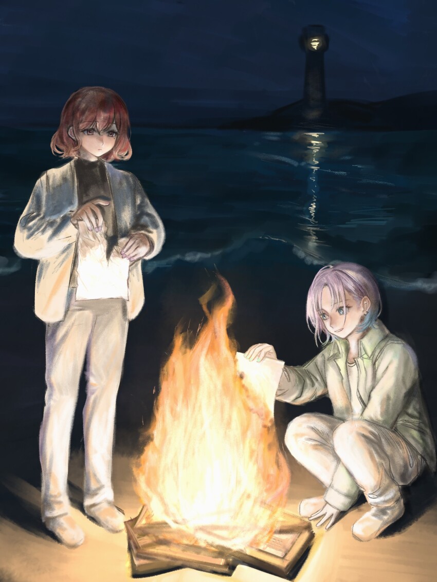 2girls asakura_toru beach black_shirt blue_eyes blue_hair bonfire book book_burning brown_eyes brown_hair burning colored_tips fire full_body green_jacket highres higuchi_madoka holding holding_paper idolmaster idolmaster_shiny_colors jacket lighthouse long_sleeves mole mole_under_eye multicolored_hair multiple_girls night ocean open_mouth outdoors pants paper purple_hair shirt shoes short_hair smile squatting standing tearing_paper white_jacket white_pants yamaichi_(yama3ichi4)