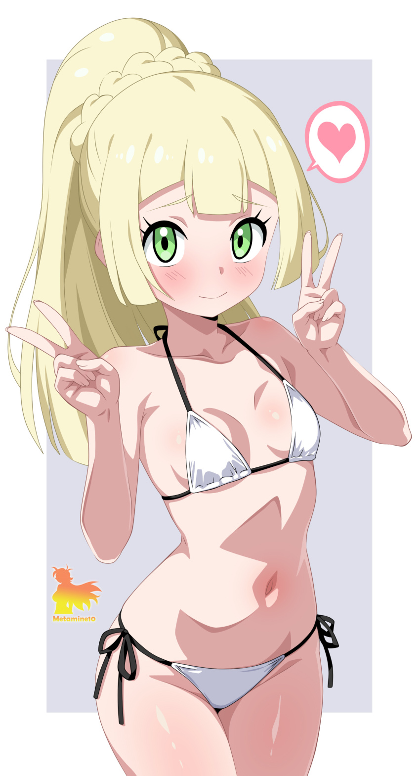 1girl absurdres bikini blonde_hair breasts closed_mouth collarbone cowboy_shot curvy double_v green_eyes heart high_ponytail highres lillie_(pokemon) looking_at_viewer metaminegl micro_bikini navel nintendo pokemon pokemon_sm ponytail shiny_skin side-tie_bikini_bottom small_breasts solo spoken_heart stomach swimsuit thong thong_bikini v white_bikini wide_hips