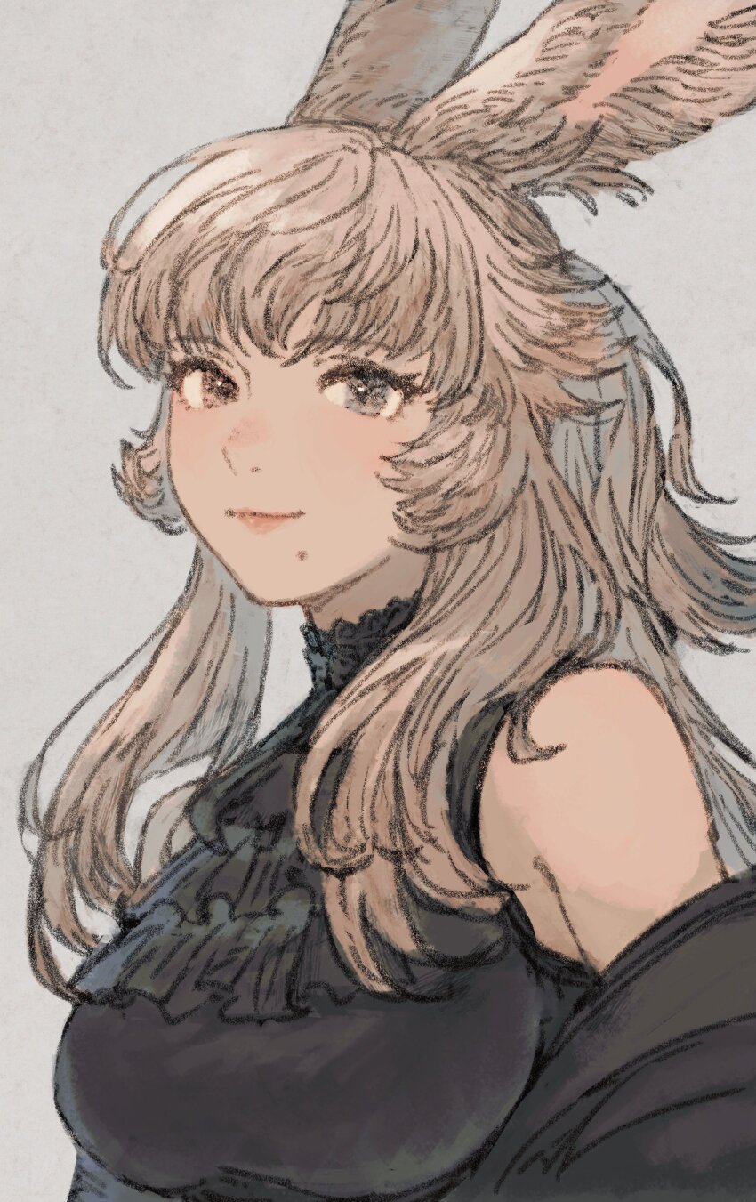 1girl absurdres animal_ears black_dress blush closed_mouth dancer_(final_fantasy) dress final_fantasy final_fantasy_xiv grey_hair highres long_hair looking_at_viewer maeka_(kumaekake) mole mole_under_mouth nose_blush rabbit_ears smile solo upper_body viera warrior_of_light_(ff14)