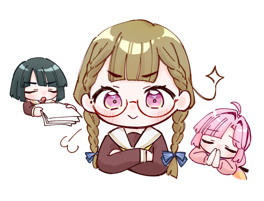 &gt;:) 3girls :o ahoge anyoji_hime bespectacled black_hair blue_bow blunt_bangs blunt_ends blush bob_cut bow braid brown_dress c: center-flap_bangs chibi chibi_only closed_eyes closed_mouth crossed_arms dress expressive_hair glasses hair_bow hasu_no_sora_school_uniform holding holding_paper jacket kachimachi_kosuzu link!_like!_love_live! long_hair long_sleeves love_live! low_twin_braids momose_ginko multiple_girls neckerchief open_mouth own_hands_together palms_together paper paper_stack pink_jacket puff_of_air red-framed_eyewear sailor_collar sailor_dress school_uniform semi-rimless_eyewear short_hair side_ahoge side_braids sidelocks simple_background smile sparkle twin_braids u_u under-rim_eyewear v-shaped_eyebrows virtual_youtuber white_background white_sailor_collar winter_uniform yellow_neckerchief zangemiya