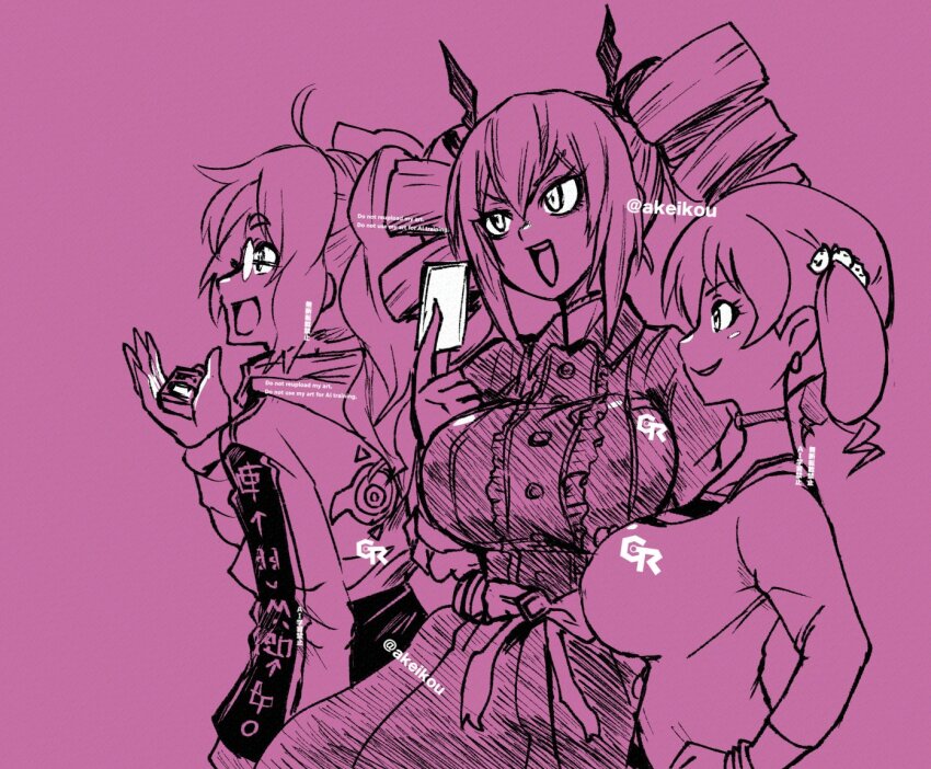 3girls akeikou breasts card cowboy_shot digimon digimon_card_game digimon_liberator digimon_recollection digimon_rikollection digimon_xros_wars digimon_xros_wars:_toki_wo_kakeru_shounen_hunter-tachi dress drill_hair glasses holding holding_card hood hooded_jacket in-franchise_crossover jacket large_breasts long_hair monochrome multiple_girls nozomi_riko open_mouth pink_background suzaki_airu twin_drills twintails upper_body violet_inboots watermark