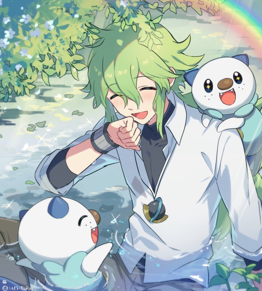 1boy :d bishounen brown_pants closed_eyes collared_shirt commentary day gen_5_pokemon green_hair hand_up happy highres light_rays long_hair male_focus n_(pokemon) nintendo open_mouth oshawott outdoors pants pokemon pokemon_(creature) pokemon_bw rainbow shirt sitting smile sparkle twitter_username un_tapoi undershirt water white_shirt wristband