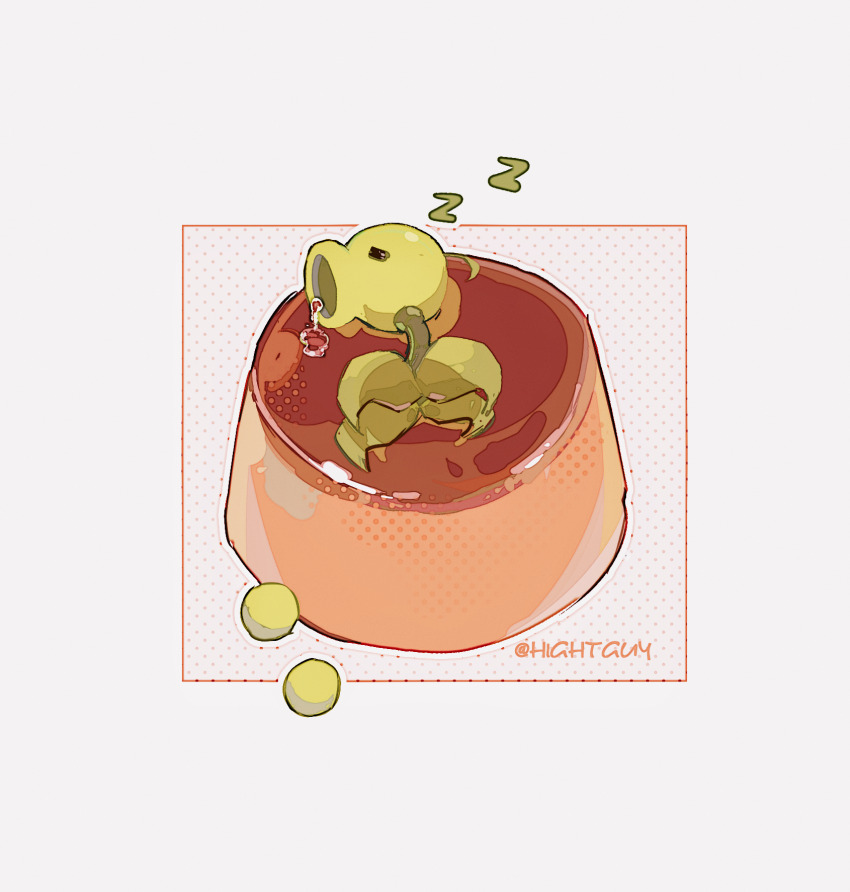 food highres hightguy no_humans peashooter_(plants_vs_zombies) plant plants_vs._zombies pudding sleeping white_background
