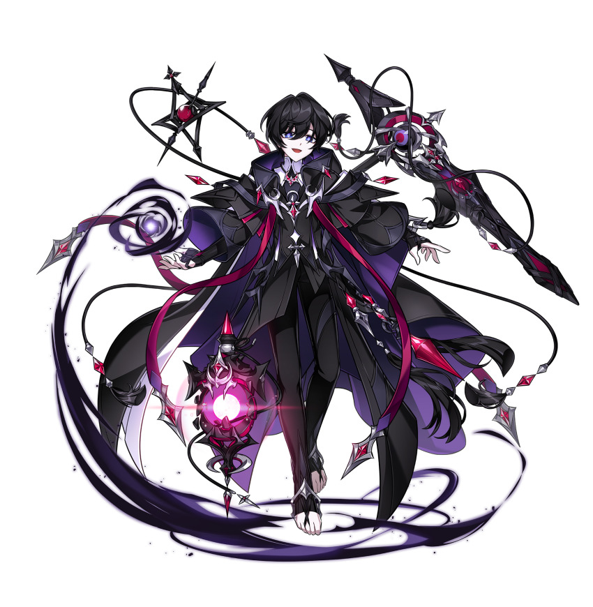 1boy artist_request barefoot_sandals_(jewelry) black_cloak black_gloves black_hair black_pants black_shirt blue_eyes cloak cross crystal elsword fingerless_gloves full_body gloves hair_between_eyes happy highres hood hood_down hooded_cloak jewelry layered_sleeves long_sleeves looking_at_viewer loose_hair_strand male_focus necklace noah_ebalon official_alternate_costume official_art open_mouth outstretched_arm pale_skin pants purple_cloak purple_pupils scythe second-party_source shirt short_hair short_over_long_sleeves short_sleeves smile solo stirrup_legwear tachi-e telekinesis toeless_legwear toes transparent_background two-sided_cloak two-sided_fabric umbrakinesis wide_sleeves