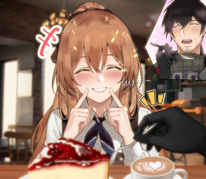 1boy 1girl apron art_undertaker black_gloves black_hair blush brown_apron brown_hair cake closed_eyes coffee collared_shirt commander_(girls&#039;_frontline) commentary cup english_commentary english_text facing_viewer food fork girls&#039;_frontline girls&#039;_frontline_2:_exilium gloves hair_between_eyes highres holding holding_fork indoors latte_art neckerchief open_mouth pointing pointing_at_self pov pov_hands shirt springfield_(girls&#039;_frontline) springfield_(girls&#039;_frontline_2) teeth upper_teeth_only white_mouth white_shirt