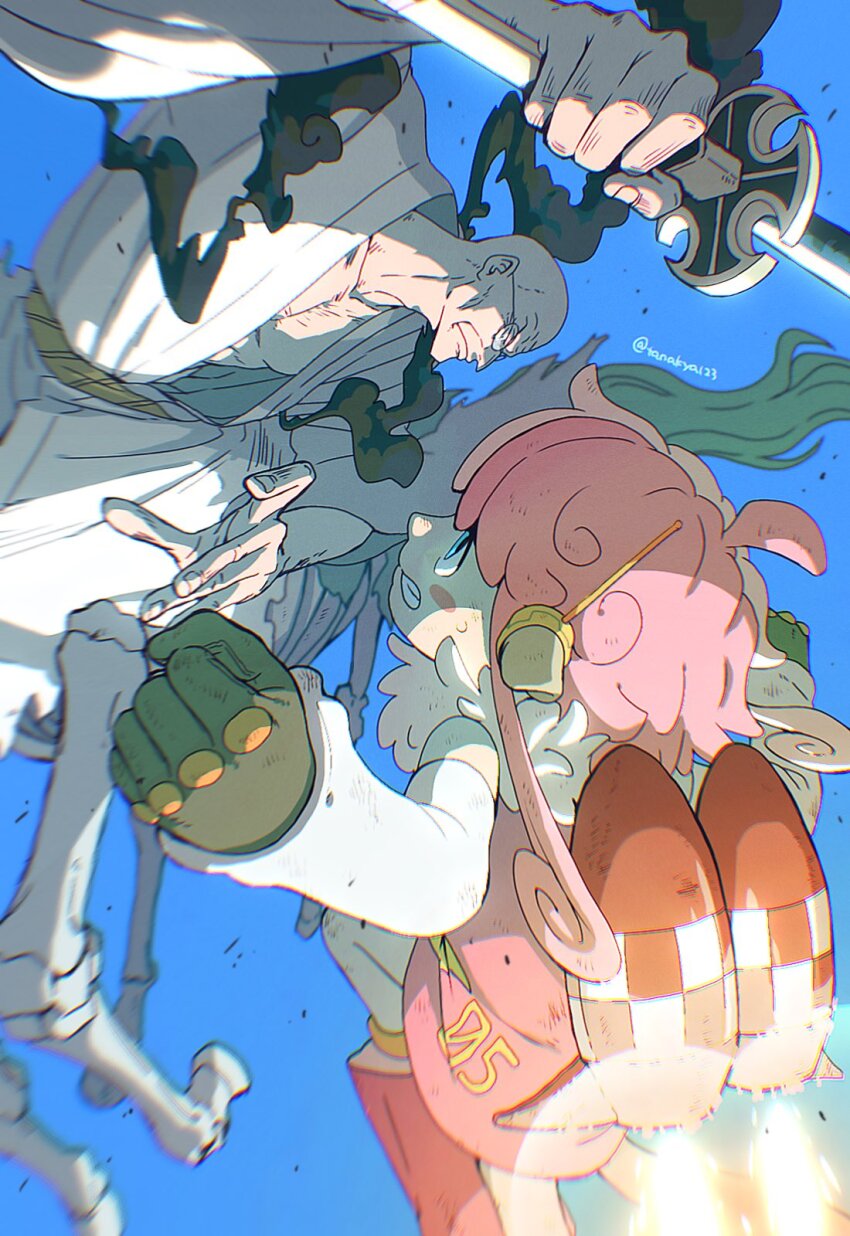 1boy 1girl bald black_gloves blue_eyes centaur clenched_hands detached_sleeves dress ethan-baron_v._nusjuro fighting fur_trim glasses gloves hagoromo highres holding holding_sword holding_weapon jetpack looking_at_another midair multicolored_hair old old_man one_piece pink_dress pink_hair robe shawl skeleton sword tanaka_(tanakya123) taur twitter_username two-tone_hair vegapunk_atlas weapon white_hair white_robe