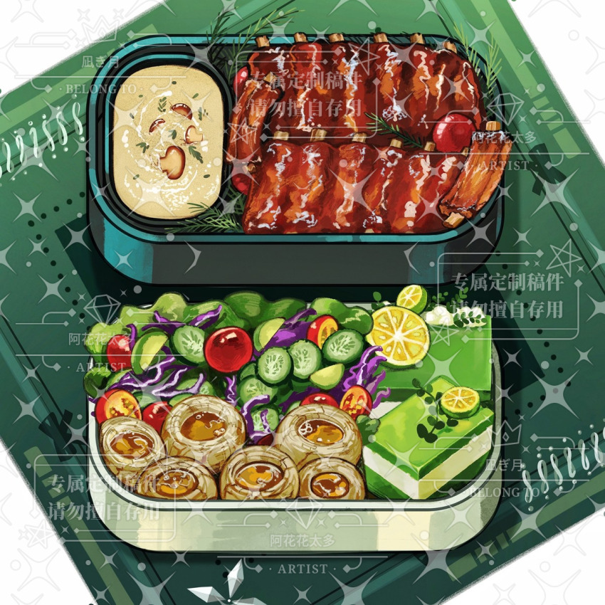 bento bluebluecathy cherry_tomato commentary_request cucumber cucumber_slice food food_focus food_request fruit highres lime_(fruit) lime_slice meat mushroom no_humans original ribs_(food) salad tiramisu tomato vegetable watermark